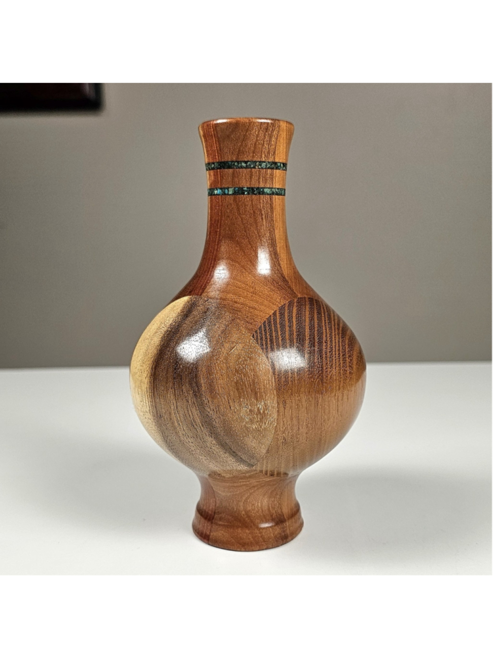 Hand Turned Segmented Wood Vase 6.5" Turquoise Inlay Studio Art Signed GG Super